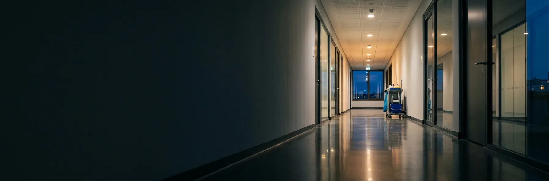 Freshly cleaned office corridor at dusk with a janitorial cart