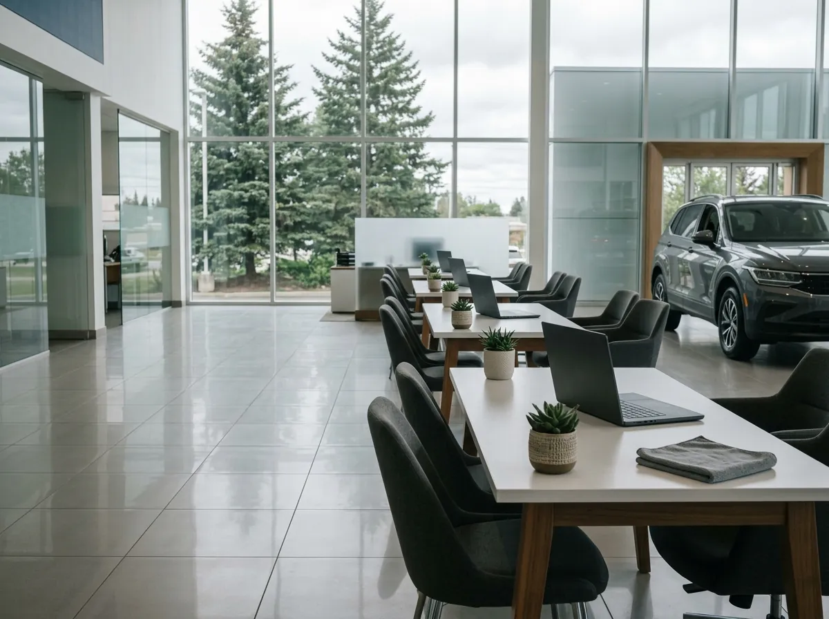 Sales desks on the polished floor of a car dealership showroom