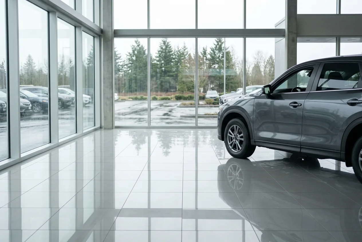Clean car dealership showroom with a polished tile floor