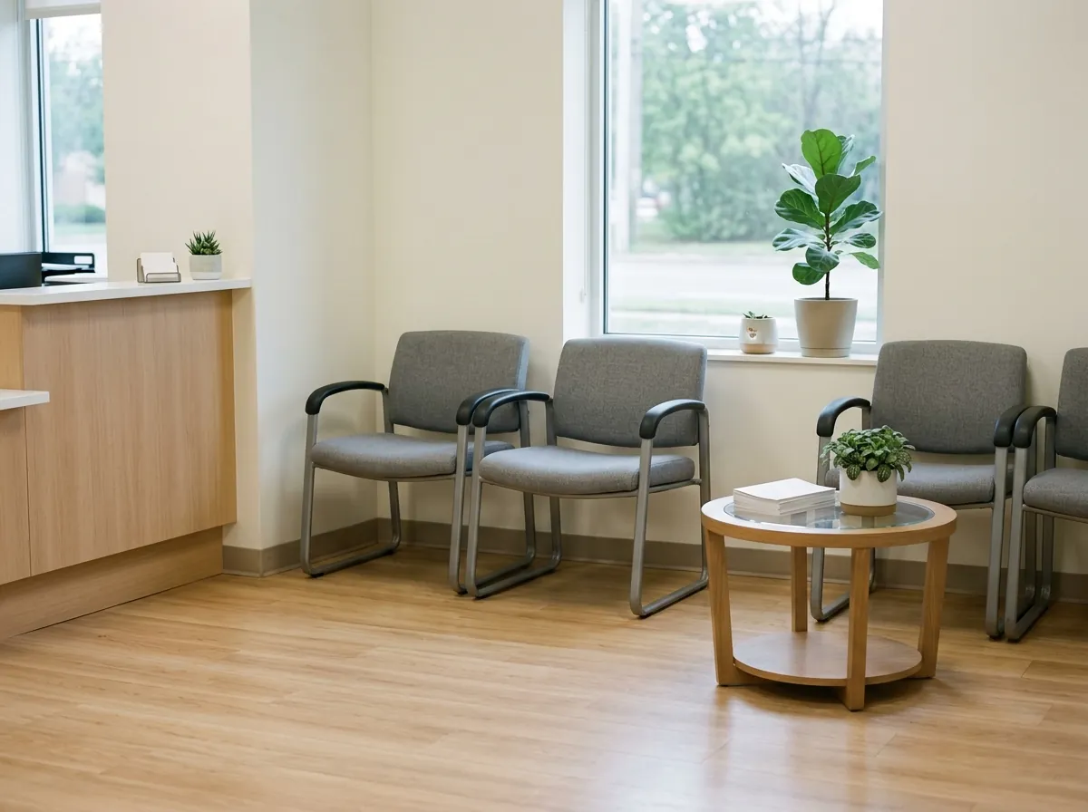 Clean medical clinic waiting room with chairs and a reception counter
