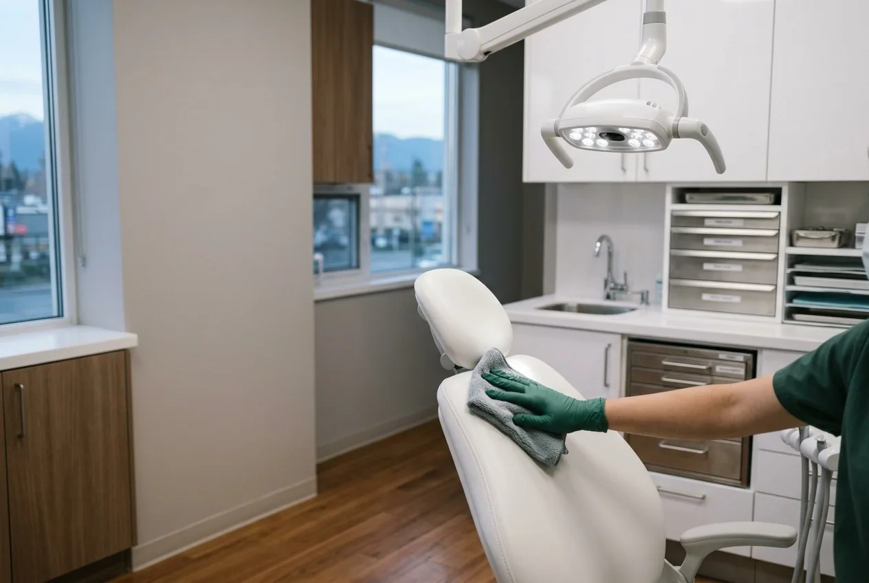 Gloved hand wiping down a dental chair in a clean treatment room