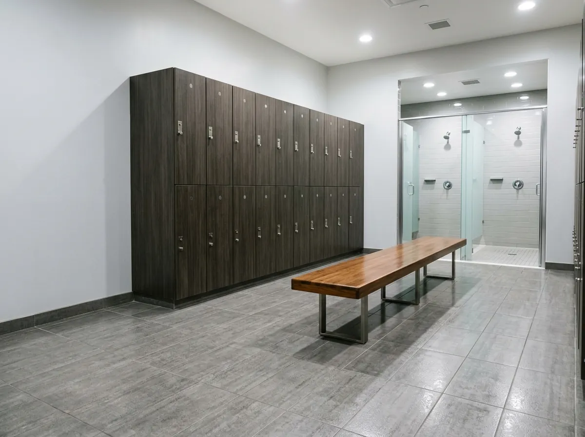 Clean gym locker room with lockers, bench and showers
