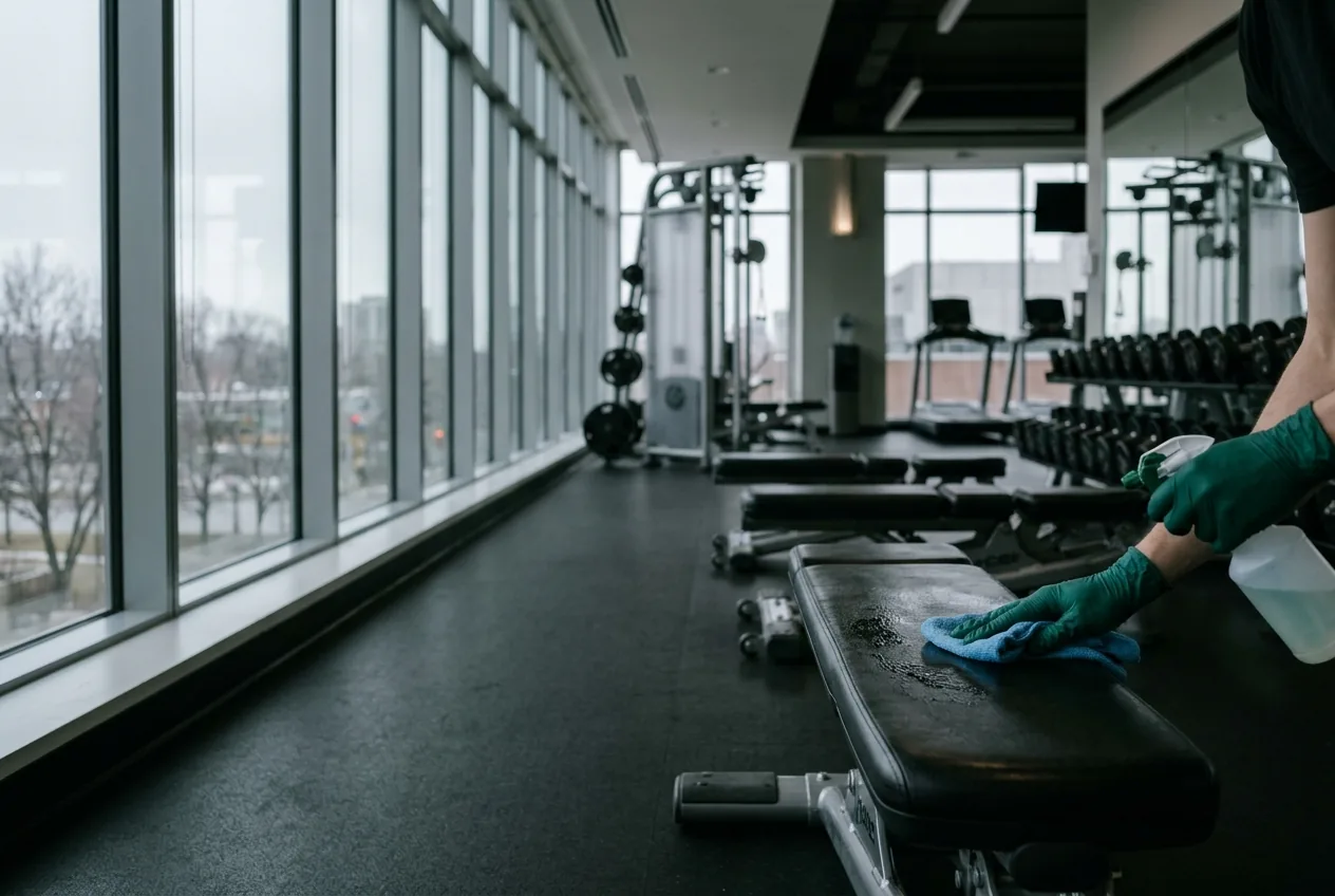 Gloved hand wiping down a weight bench in an empty gym