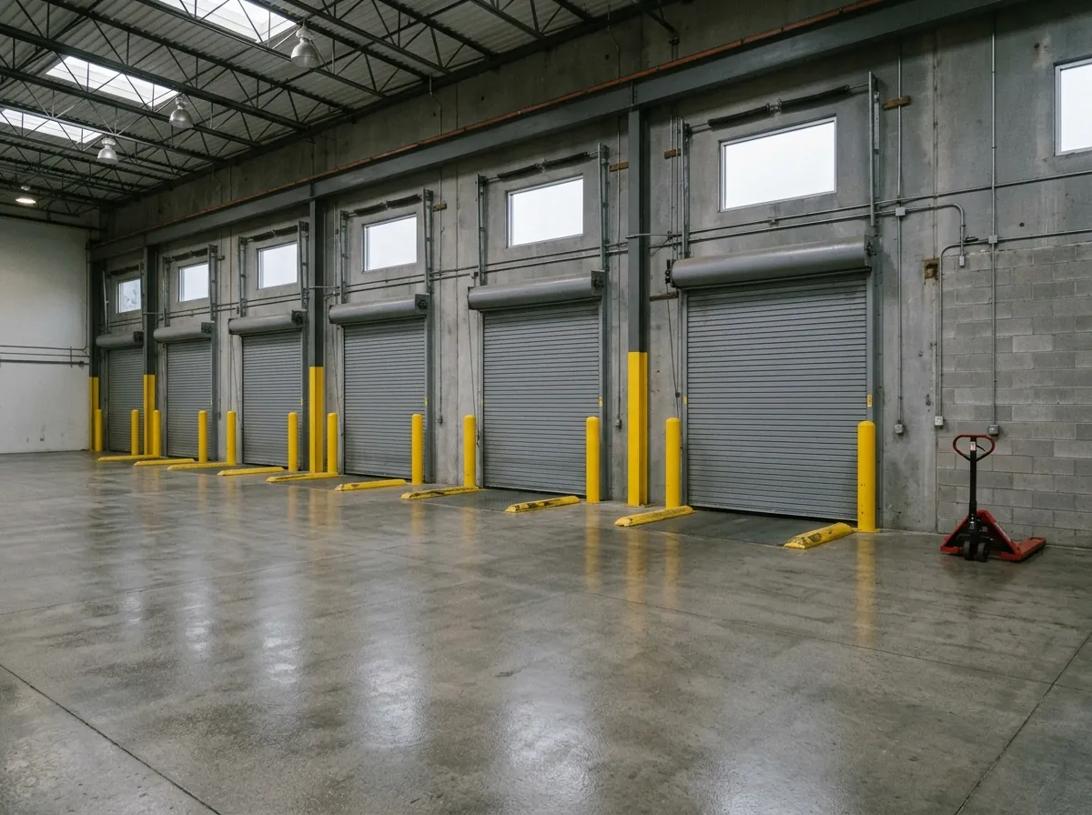 Freshly scrubbed warehouse loading dock with roll-up doors
