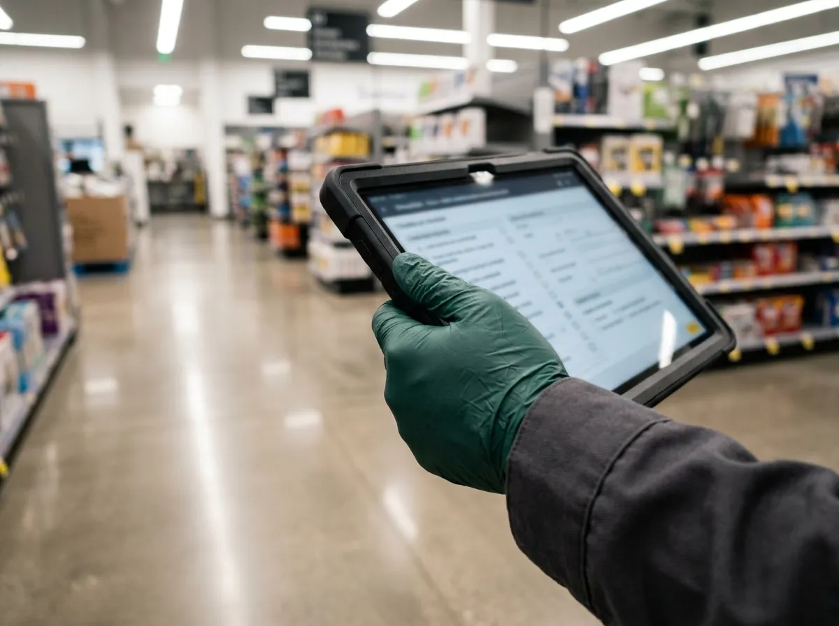 Gloved hand holding a tablet during a store site inspection