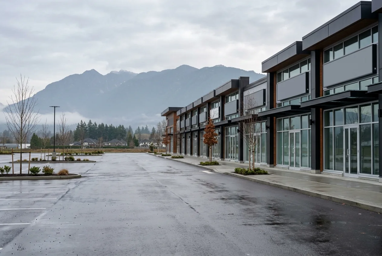 Row of commercial storefronts in a retail plaza with mountains behind