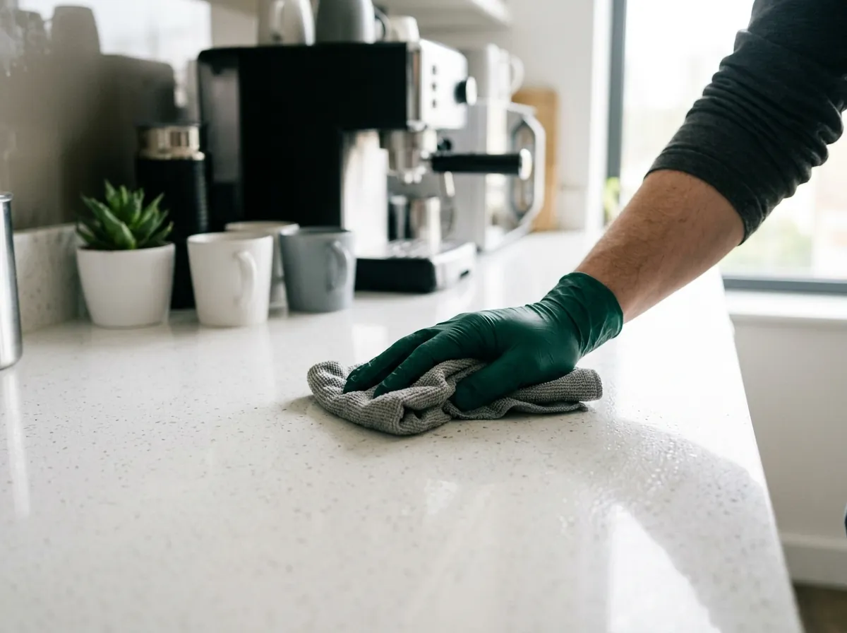 Gloved hand wiping a quartz counter in an office break room