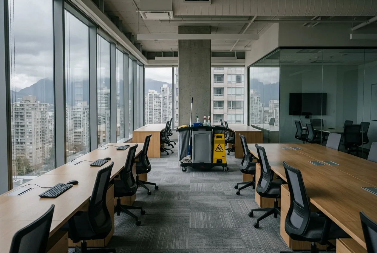 Clean open-plan office with a janitorial cart and city views
