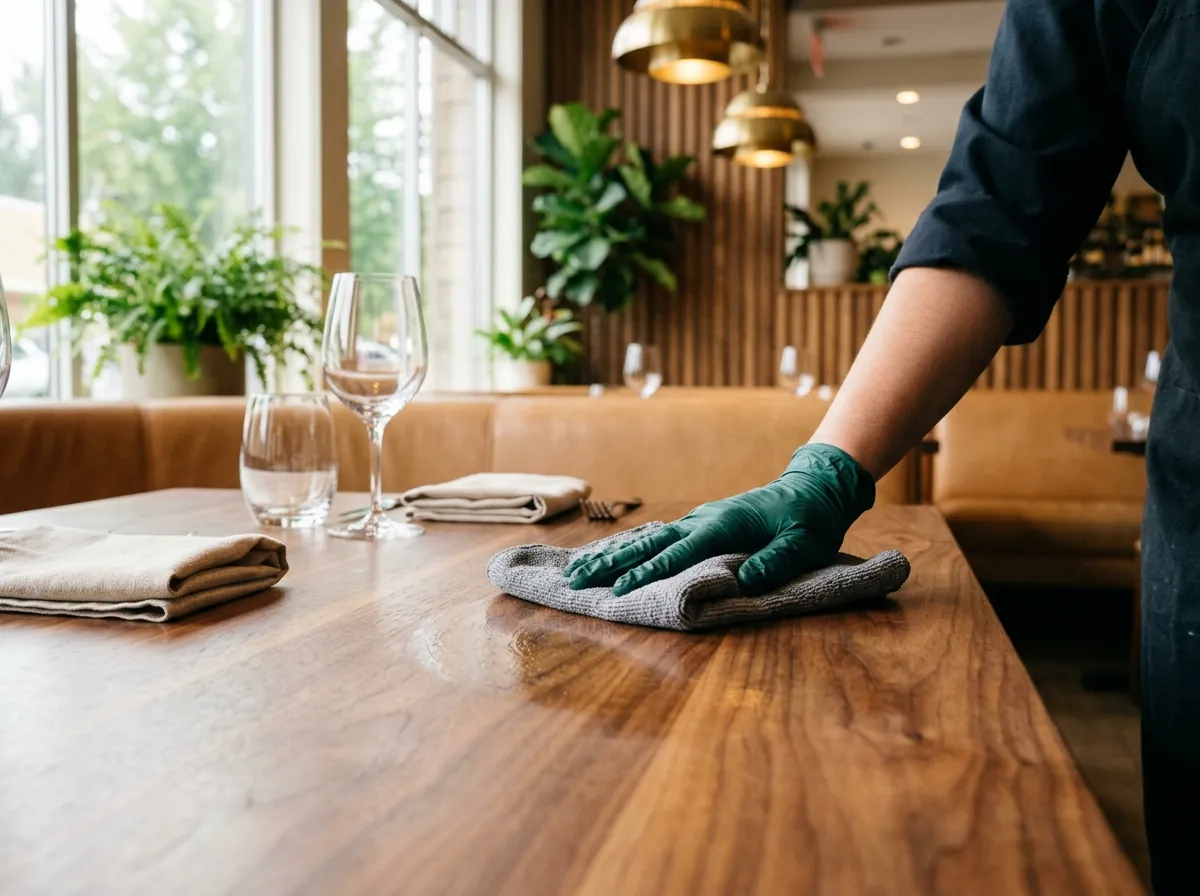 Gloved hand wiping a walnut table in a restaurant dining room