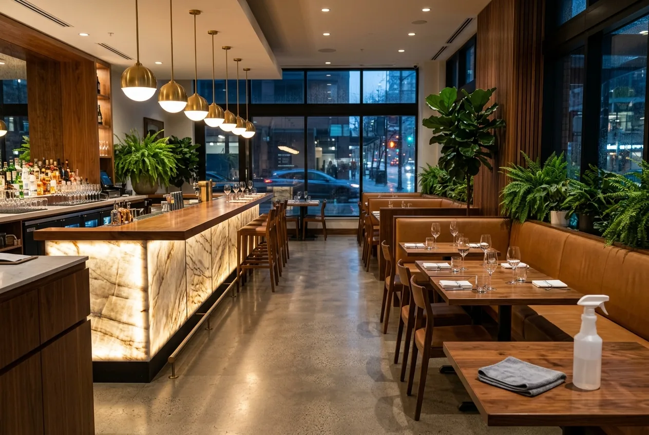 Upscale restaurant dining room cleaned and set for the next day
