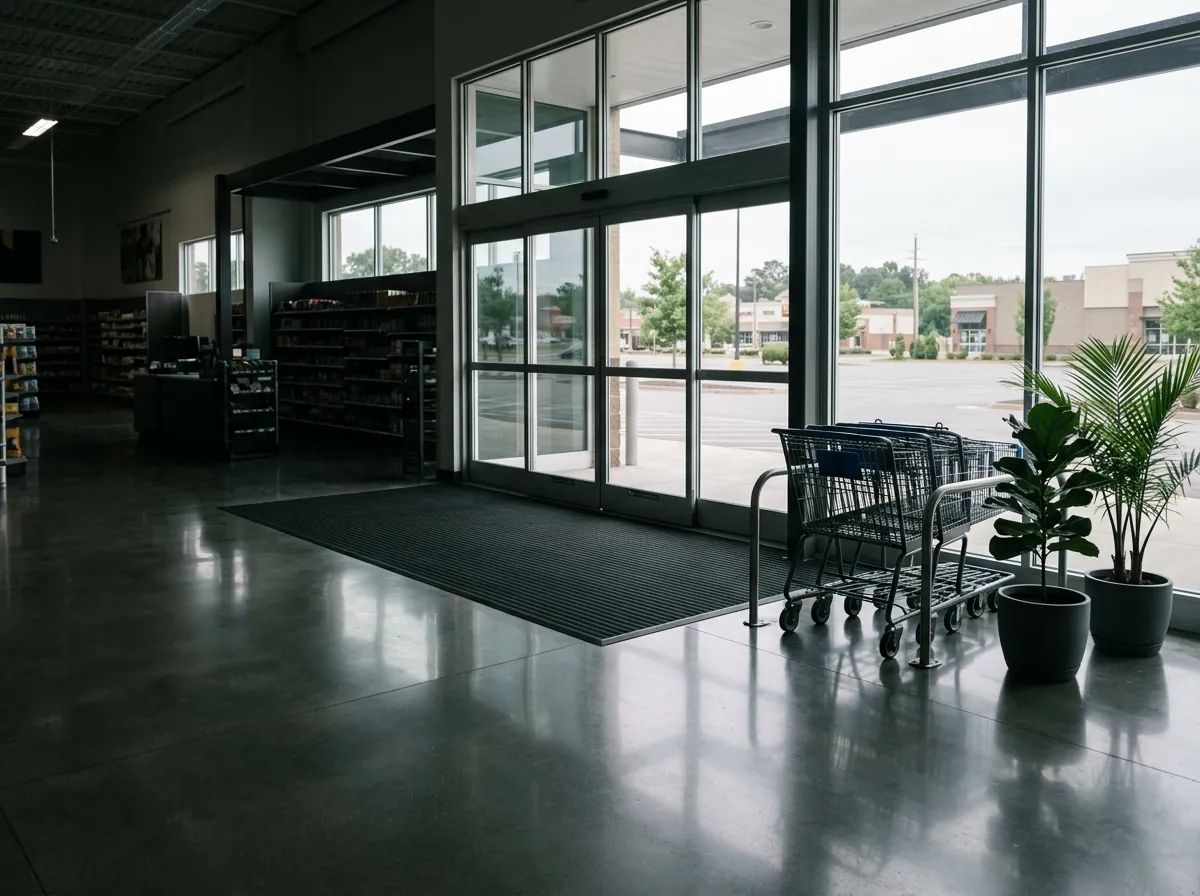 Clean retail store entrance with polished floor and glass doors