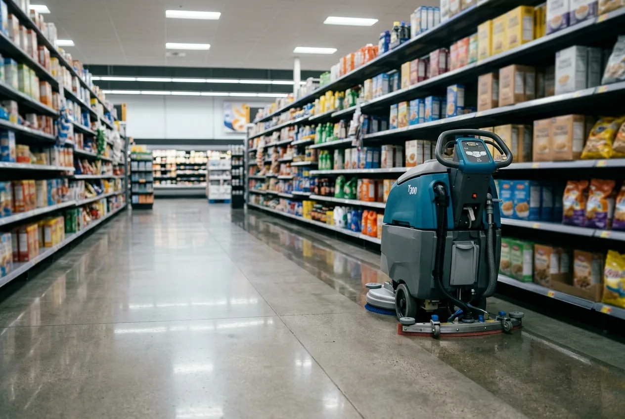 Floor scrubber on a freshly cleaned retail store aisle