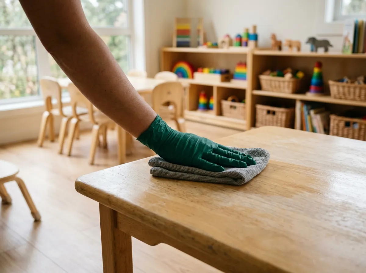 Gloved hand wiping a child-size table in a daycare playroom