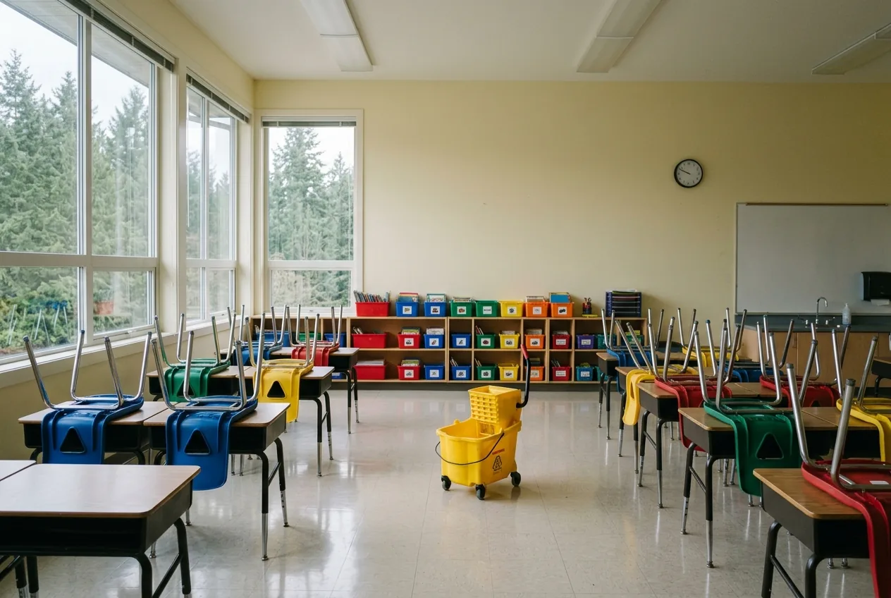 Clean classroom with chairs up on the desks and a mop bucket