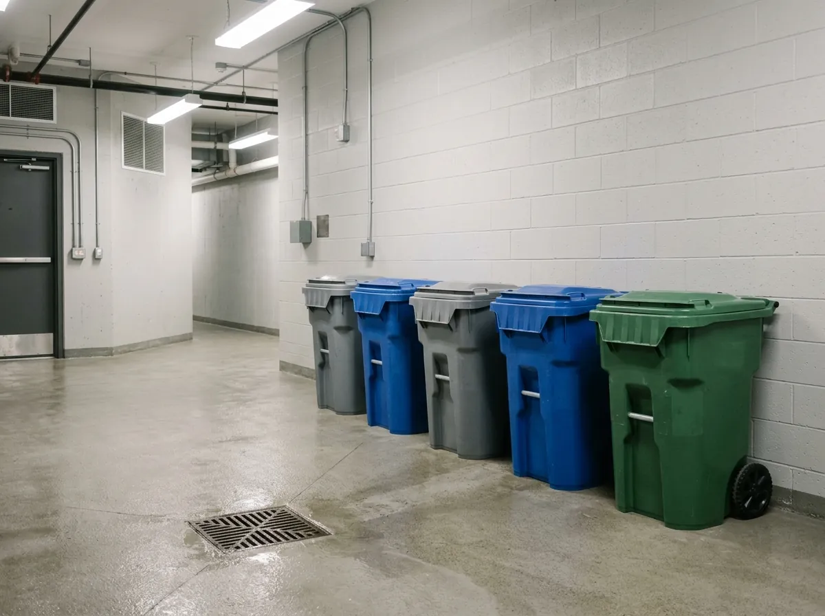 Clean waste and recycling room in a condo building