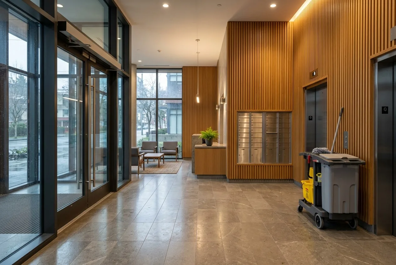 Clean condo lobby with mailboxes, elevators and a janitorial cart