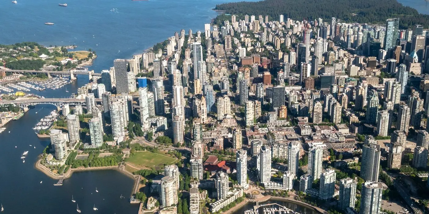 Aerial view of downtown Vancouver and False Creek