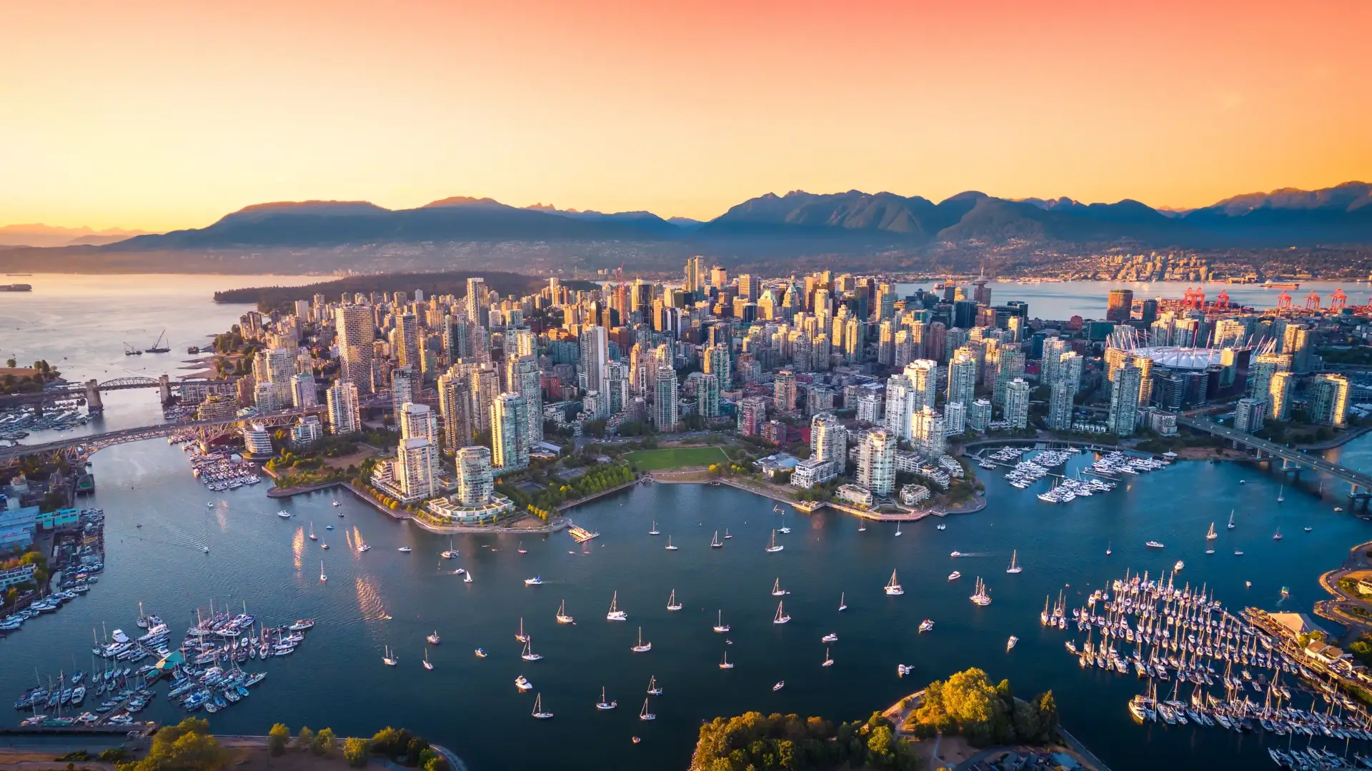 Aerial view of downtown Vancouver at sunset
