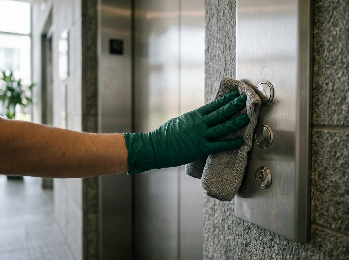 Gloved hand wiping elevator call buttons in an office lobby