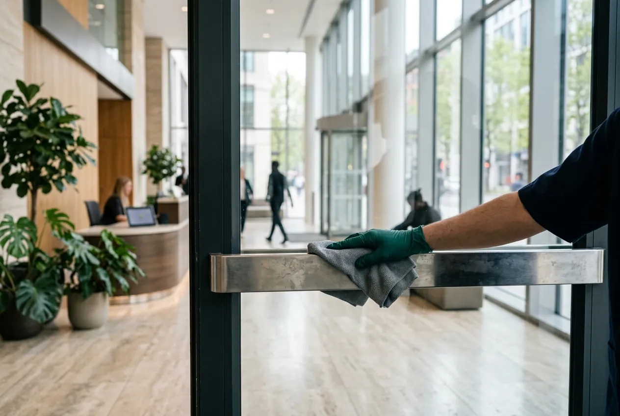 Gloved hand wiping a lobby door push bar during the day