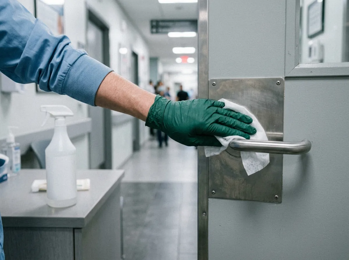 Gloved hand disinfecting a door handle in a clinic hallway