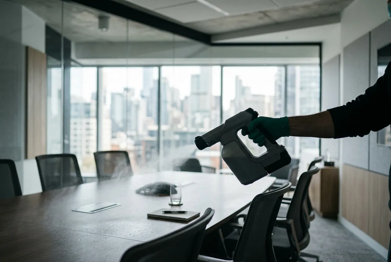 Electrostatic sprayer disinfecting a meeting room table