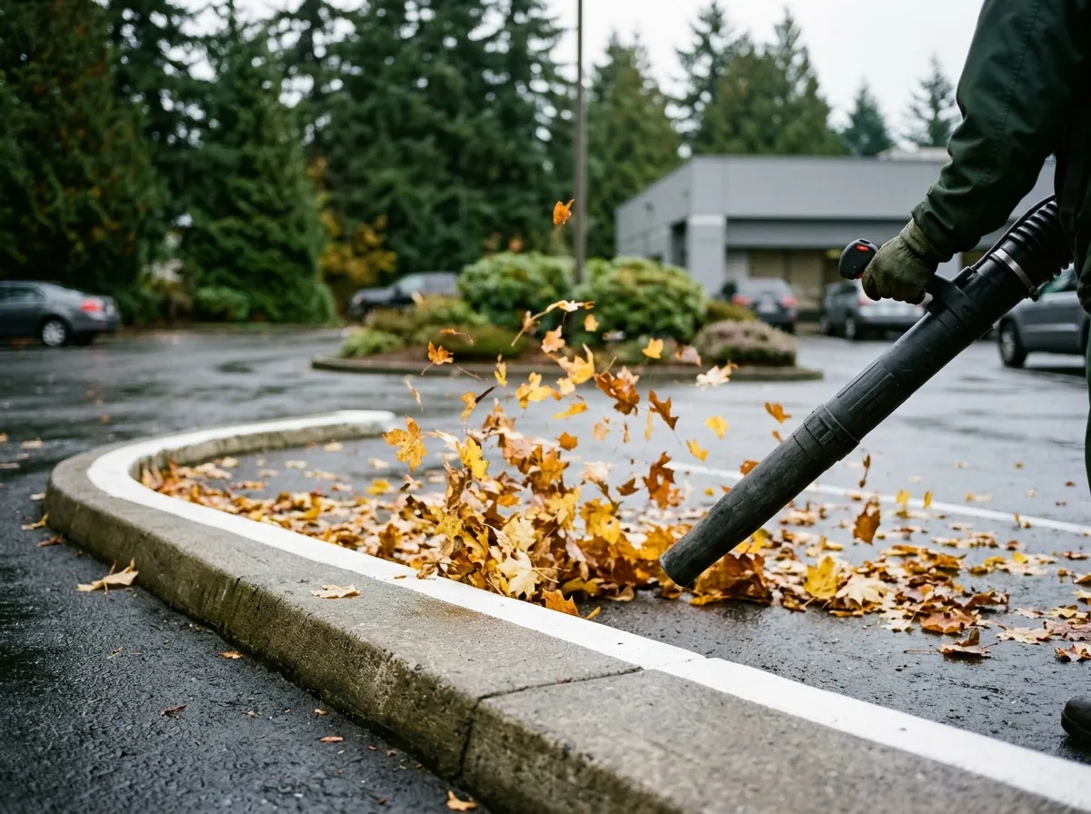 Leaf blower clearing autumn leaves from a parking lot curb