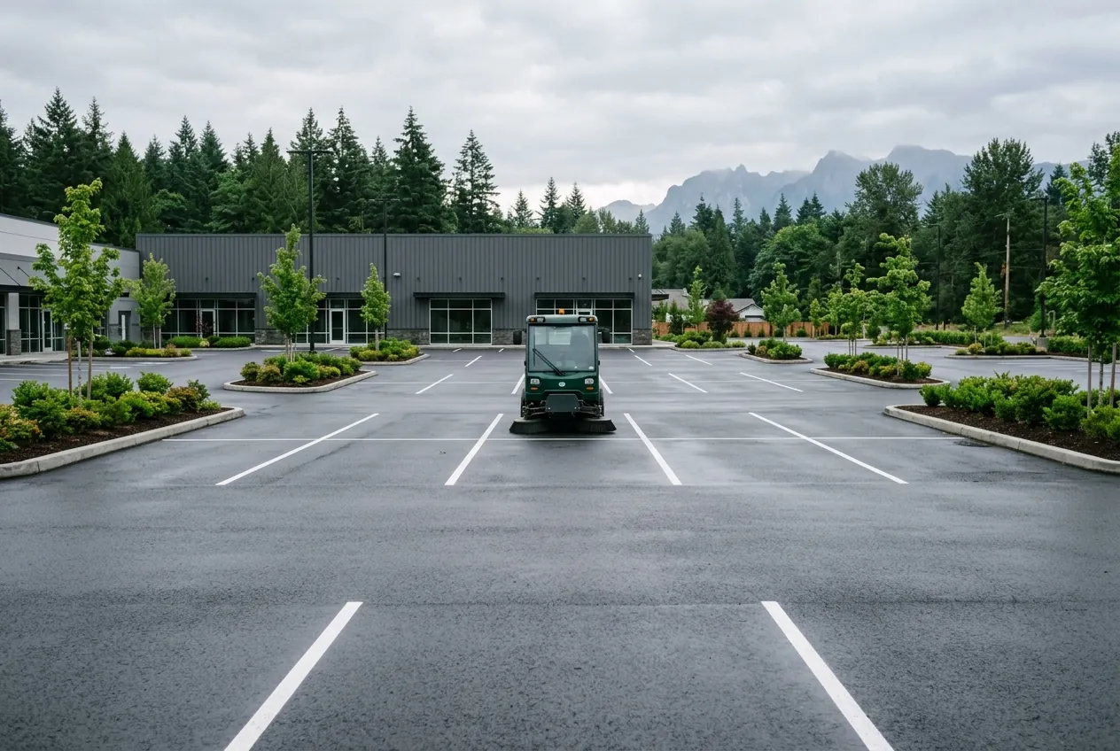 Sweeper vehicle in a freshly swept commercial parking lot