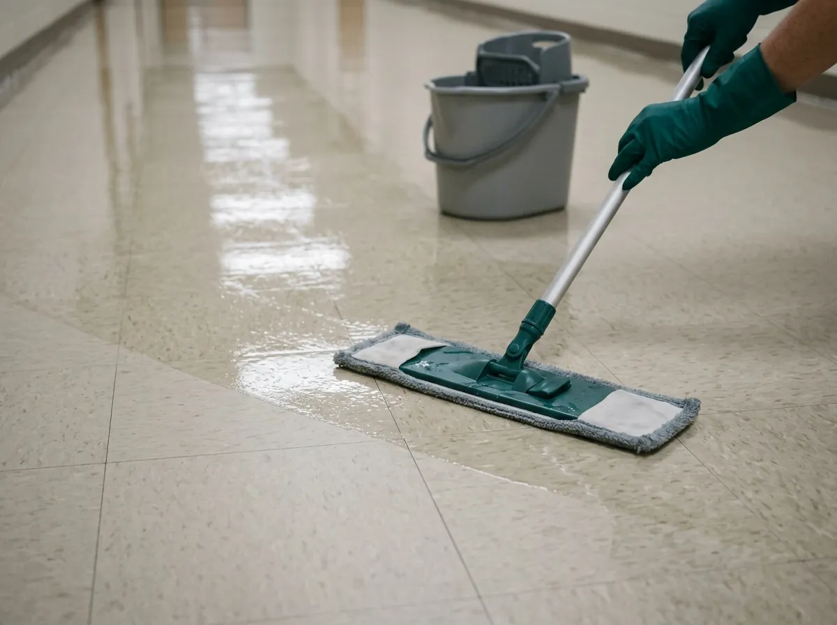 Flat mop applying a fresh coat of floor finish to vinyl tile