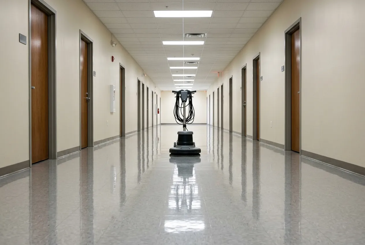 Floor burnisher in a corridor with a high-gloss waxed floor