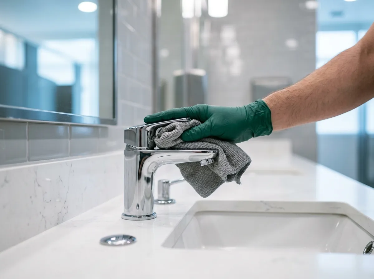 Gloved hand polishing a chrome faucet in a commercial washroom