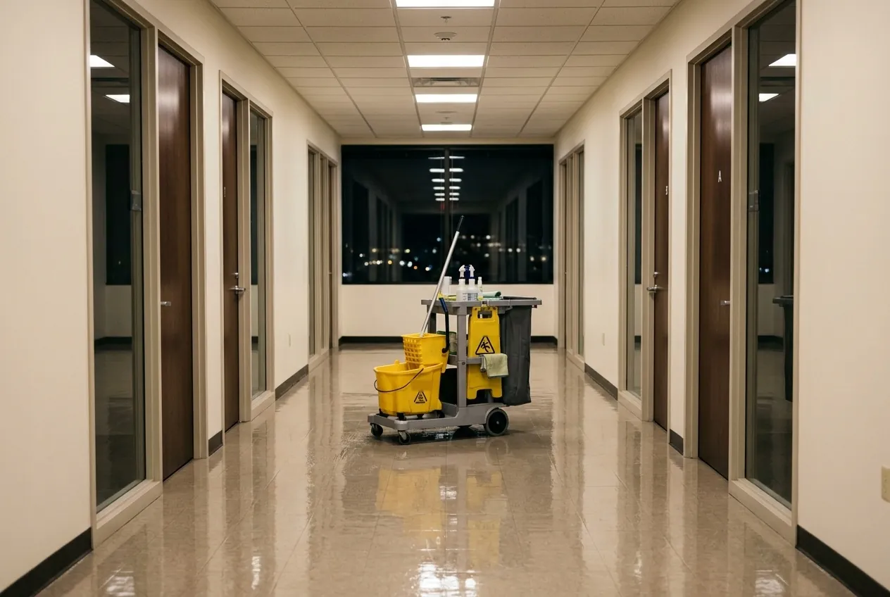 Janitorial cart in a freshly mopped office corridor at night
