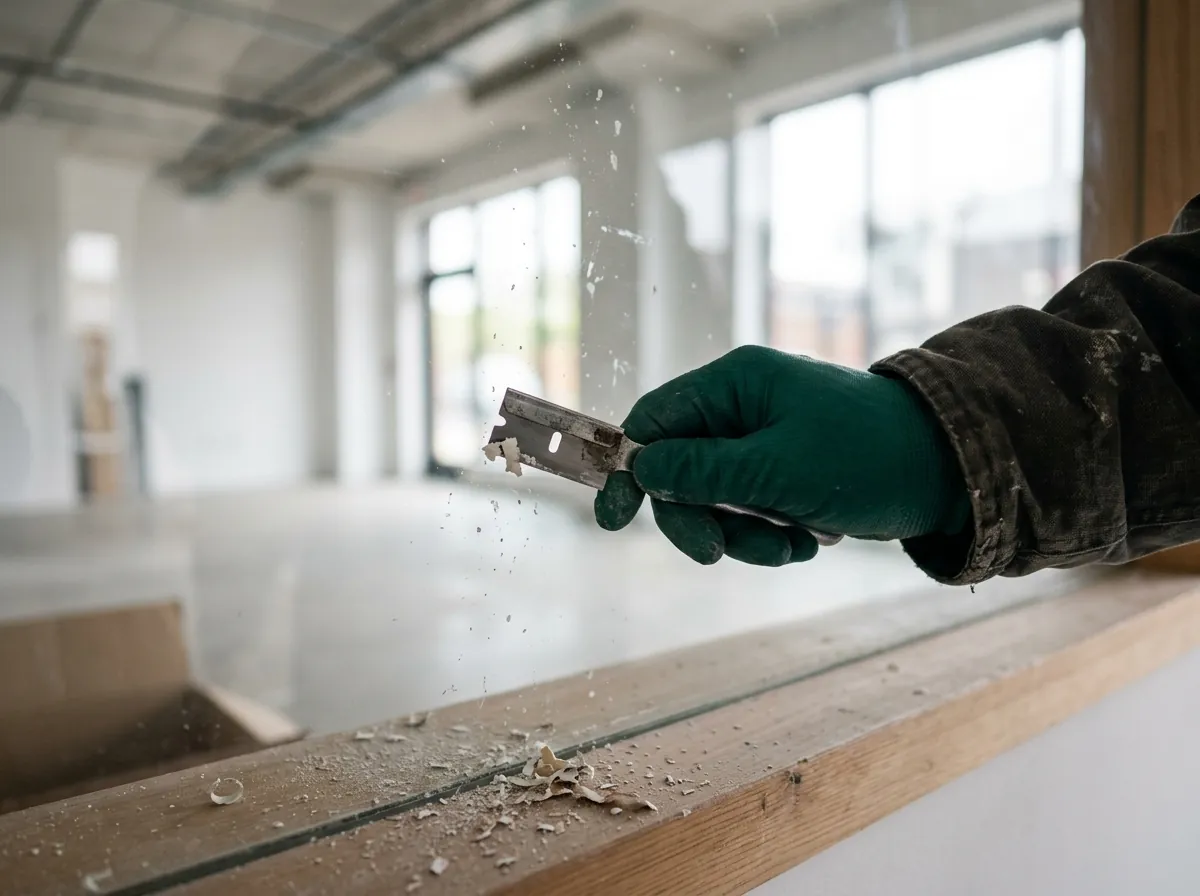 Scraper removing paint specks and adhesive from new window glass