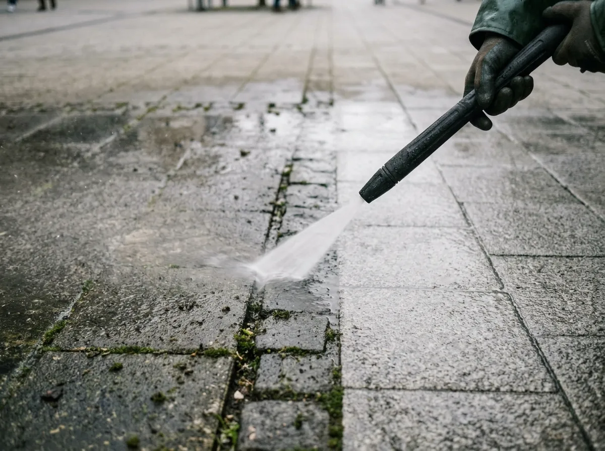 Spray wand pressure washing moss and grime off concrete pavers