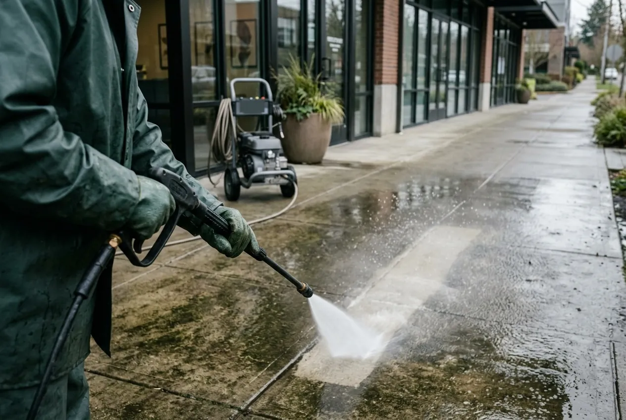 Pressure washing a commercial walkway with a spray wand