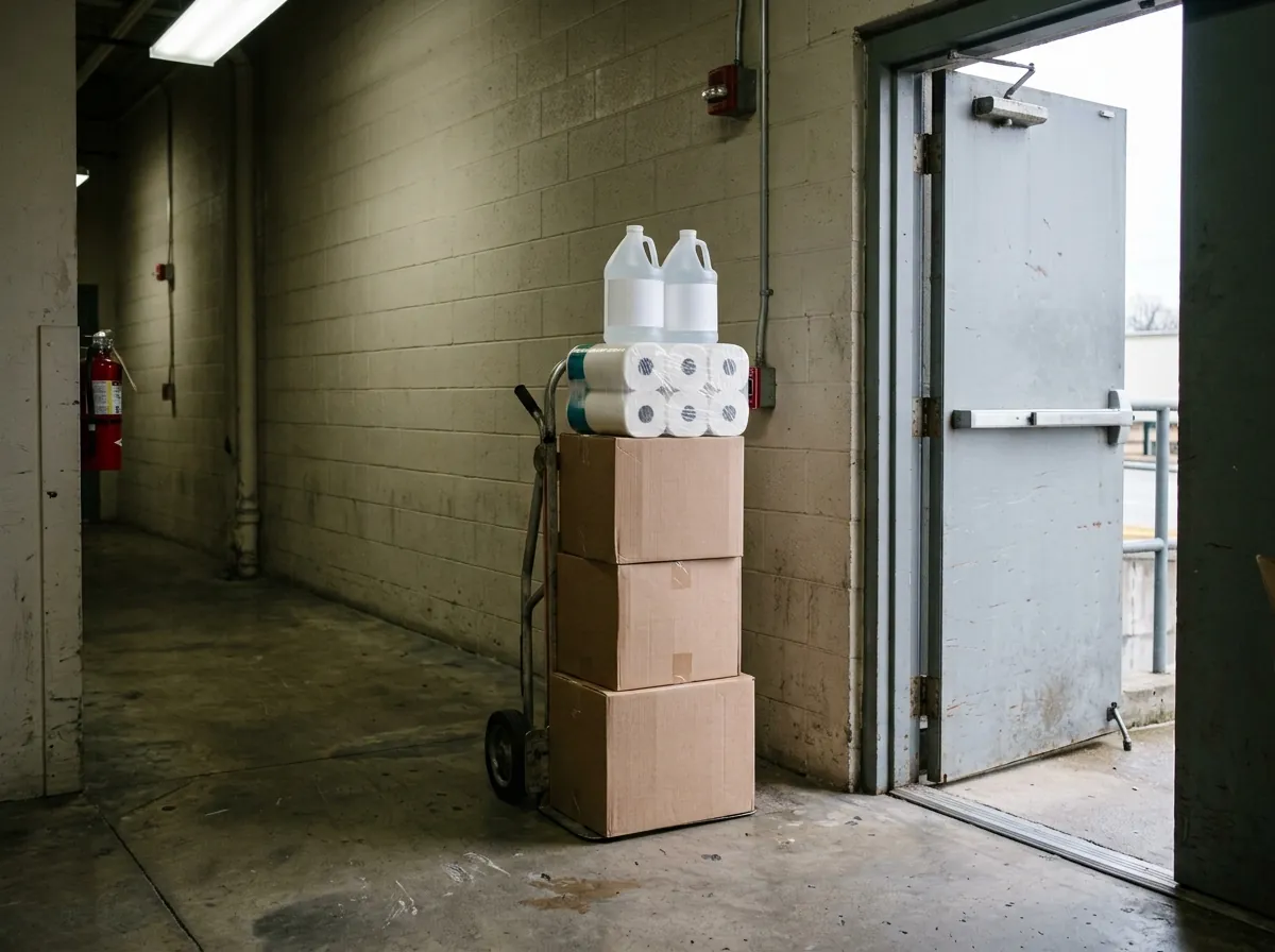 Hand truck with a janitorial supply delivery in a service corridor