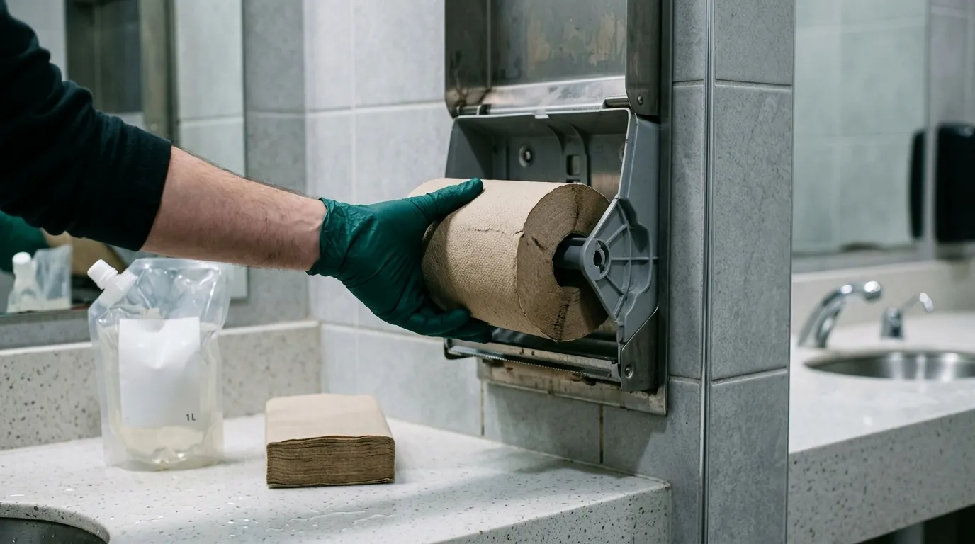 Gloved hand restocking a paper towel dispenser in a washroom