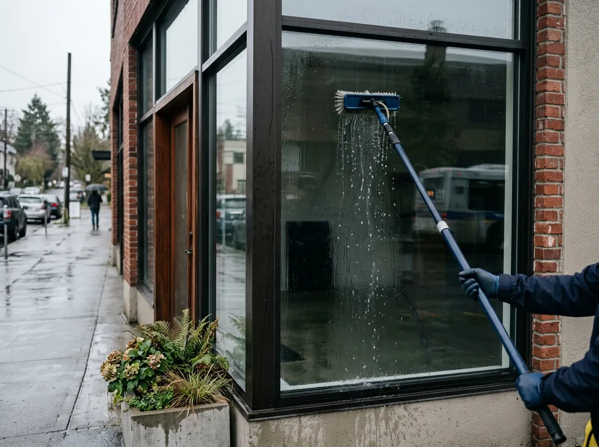 Water-fed pole cleaning a ground-floor storefront window