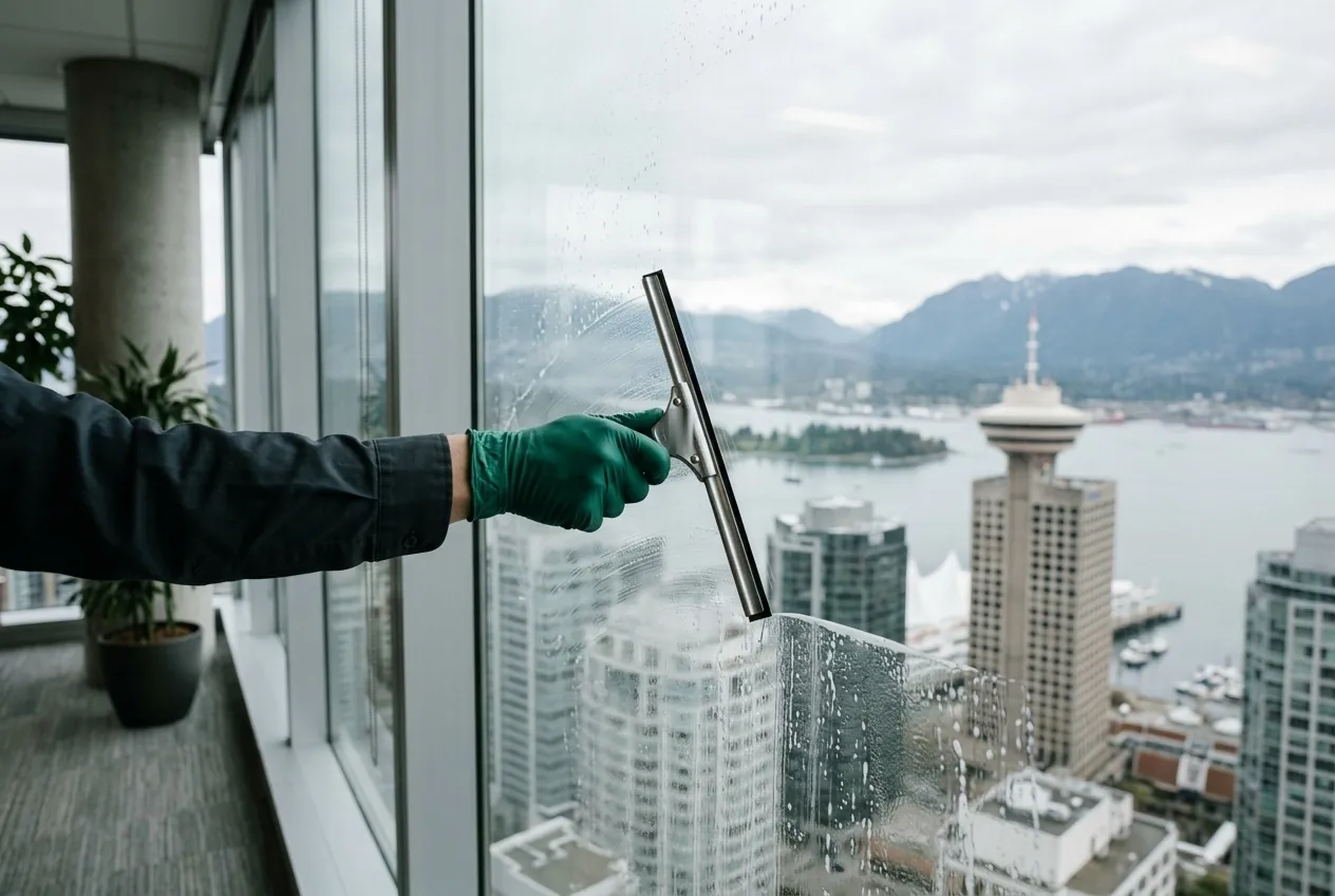 Squeegee cleaning a high-rise office window above Vancouver harbour